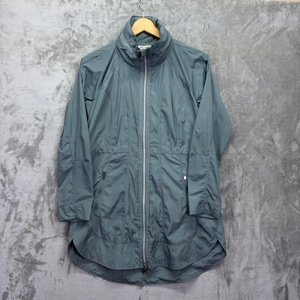 Athleta Drip Drop Jacket Blue Gray XXS Full Zip Longline Windbreaker Rain Coat